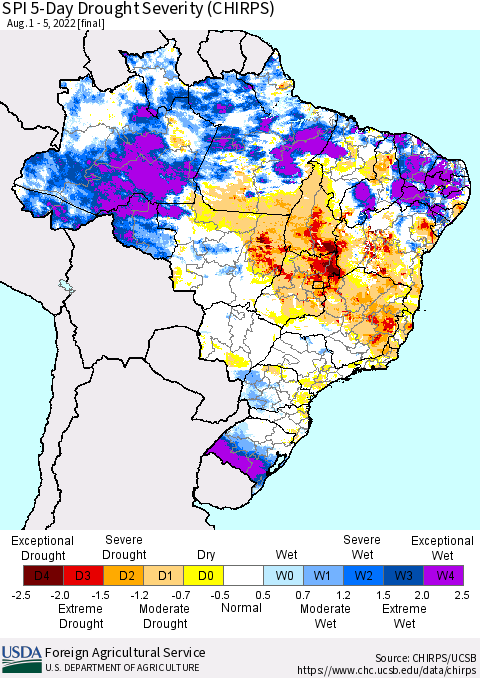 Brazil SPI 5-Day Drought Severity (CHIRPS) Thematic Map For 8/1/2022 - 8/5/2022