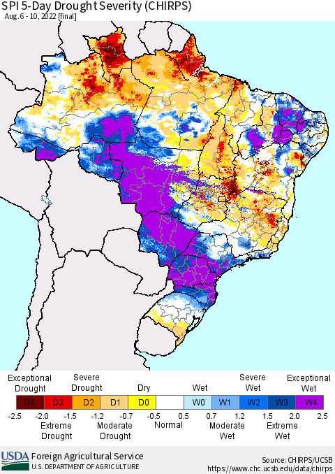 Brazil SPI 5-Day Drought Severity (CHIRPS) Thematic Map For 8/6/2022 - 8/10/2022