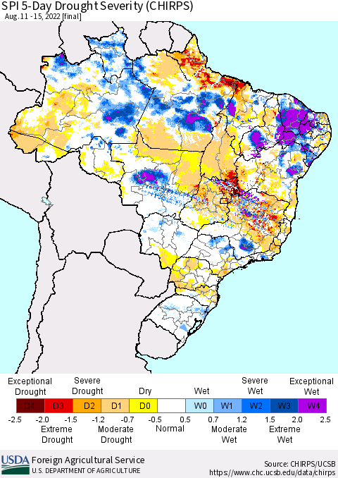 Brazil SPI 5-Day Drought Severity (CHIRPS) Thematic Map For 8/11/2022 - 8/15/2022
