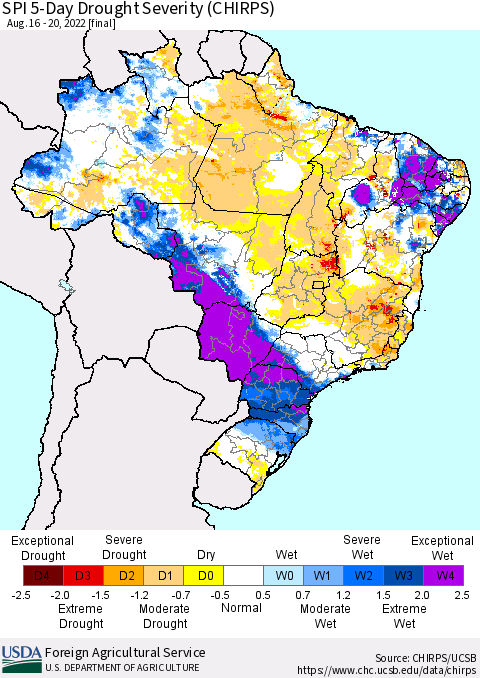 Brazil SPI 5-Day Drought Severity (CHIRPS) Thematic Map For 8/16/2022 - 8/20/2022