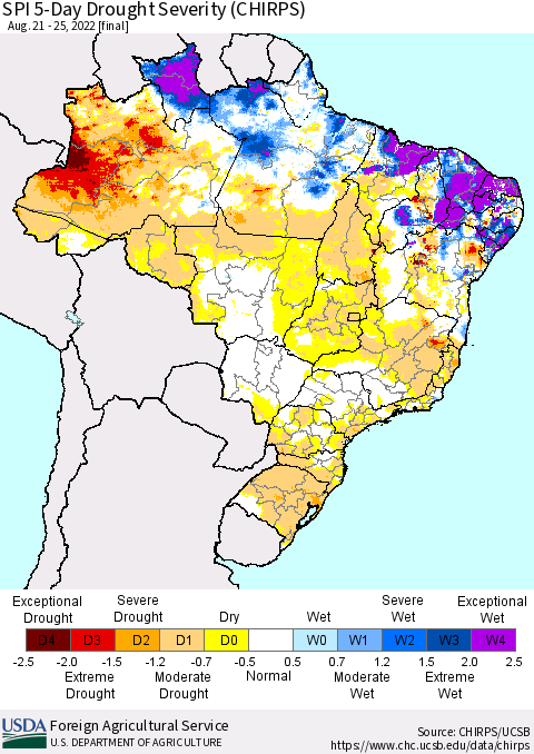 Brazil SPI 5-Day Drought Severity (CHIRPS) Thematic Map For 8/21/2022 - 8/25/2022