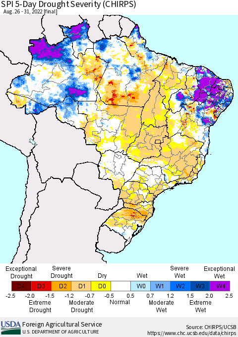 Brazil SPI 5-Day Drought Severity (CHIRPS) Thematic Map For 8/26/2022 - 8/31/2022