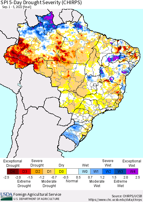 Brazil SPI 5-Day Drought Severity (CHIRPS) Thematic Map For 9/1/2022 - 9/5/2022