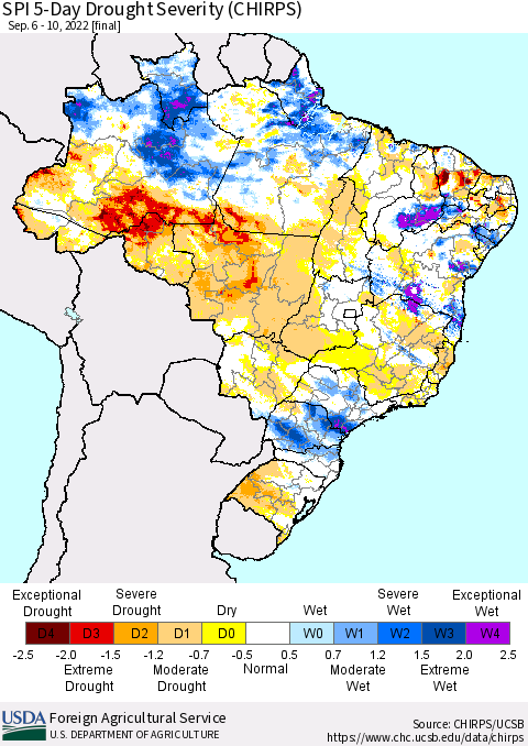 Brazil SPI 5-Day Drought Severity (CHIRPS) Thematic Map For 9/6/2022 - 9/10/2022