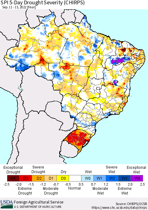 Brazil SPI 5-Day Drought Severity (CHIRPS) Thematic Map For 9/11/2022 - 9/15/2022