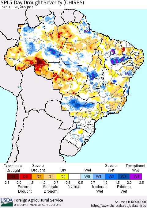 Brazil SPI 5-Day Drought Severity (CHIRPS) Thematic Map For 9/16/2022 - 9/20/2022