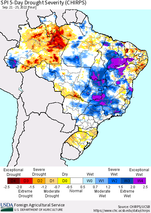 Brazil SPI 5-Day Drought Severity (CHIRPS) Thematic Map For 9/21/2022 - 9/25/2022