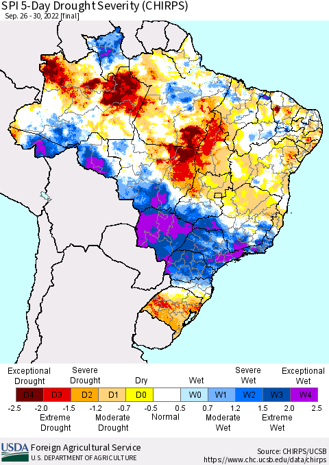 Brazil SPI 5-Day Drought Severity (CHIRPS) Thematic Map For 9/26/2022 - 9/30/2022