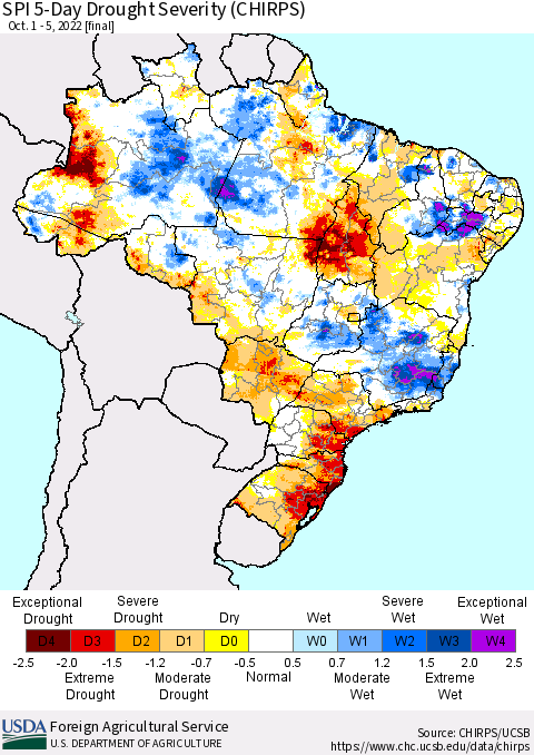 Brazil SPI 5-Day Drought Severity (CHIRPS) Thematic Map For 10/1/2022 - 10/5/2022