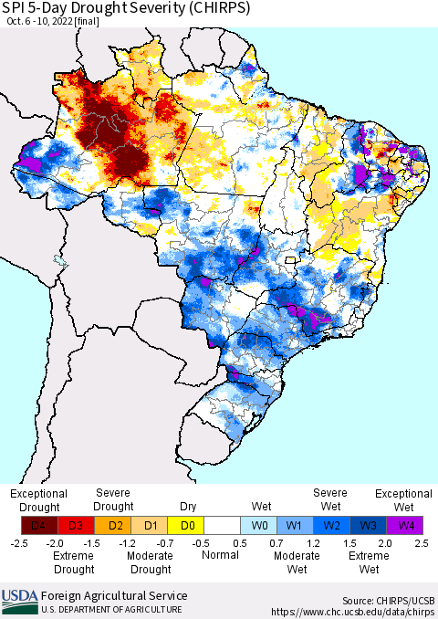 Brazil SPI 5-Day Drought Severity (CHIRPS) Thematic Map For 10/6/2022 - 10/10/2022