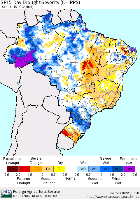 Brazil SPI 5-Day Drought Severity (CHIRPS) Thematic Map For 10/11/2022 - 10/15/2022