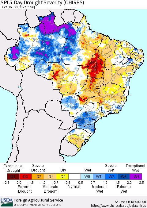 Brazil SPI 5-Day Drought Severity (CHIRPS) Thematic Map For 10/16/2022 - 10/20/2022