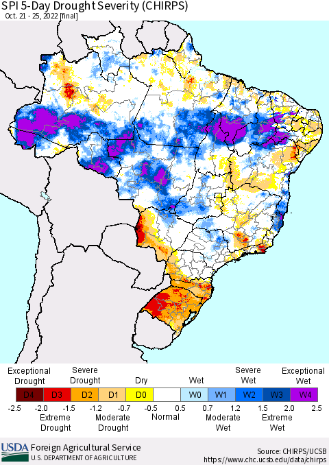 Brazil SPI 5-Day Drought Severity (CHIRPS) Thematic Map For 10/21/2022 - 10/25/2022