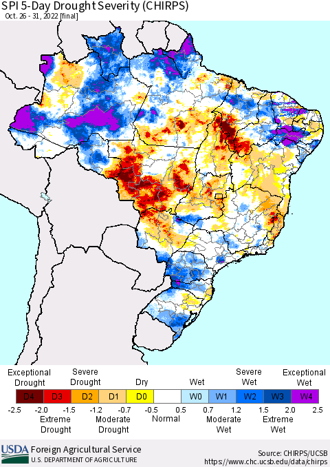 Brazil SPI 5-Day Drought Severity (CHIRPS) Thematic Map For 10/26/2022 - 10/31/2022