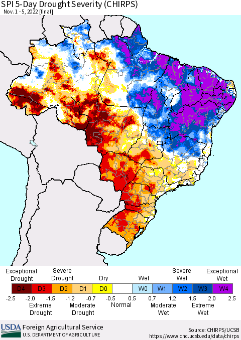 Brazil SPI 5-Day Drought Severity (CHIRPS) Thematic Map For 11/1/2022 - 11/5/2022