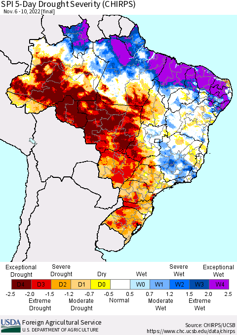 Brazil SPI 5-Day Drought Severity (CHIRPS) Thematic Map For 11/6/2022 - 11/10/2022