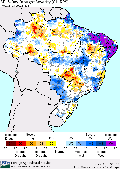 Brazil SPI 5-Day Drought Severity (CHIRPS) Thematic Map For 11/11/2022 - 11/15/2022