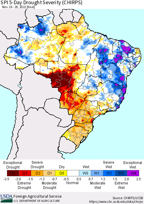 Brazil SPI 5-Day Drought Severity (CHIRPS) Thematic Map For 11/16/2022 - 11/20/2022