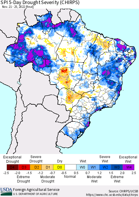 Brazil SPI 5-Day Drought Severity (CHIRPS) Thematic Map For 11/21/2022 - 11/25/2022