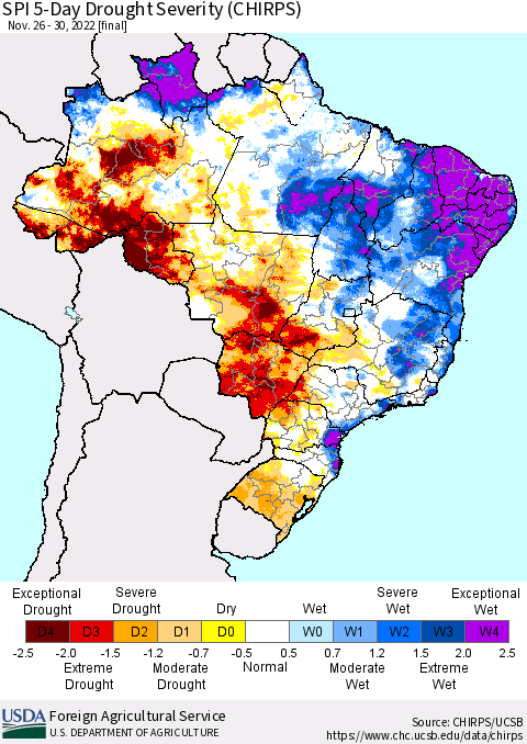 Brazil SPI 5-Day Drought Severity (CHIRPS) Thematic Map For 11/26/2022 - 11/30/2022