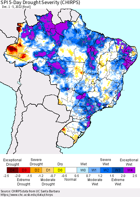 Brazil SPI 5-Day Drought Severity (CHIRPS) Thematic Map For 12/1/2022 - 12/5/2022