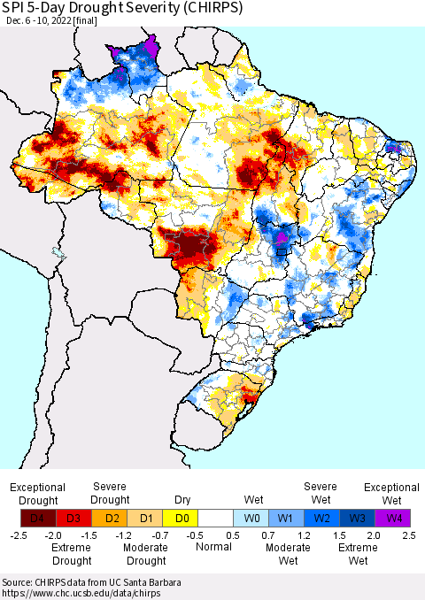 Brazil SPI 5-Day Drought Severity (CHIRPS) Thematic Map For 12/6/2022 - 12/10/2022