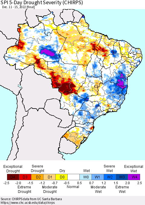 Brazil SPI 5-Day Drought Severity (CHIRPS) Thematic Map For 12/11/2022 - 12/15/2022