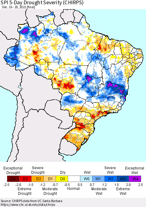 Brazil SPI 5-Day Drought Severity (CHIRPS) Thematic Map For 12/16/2022 - 12/20/2022