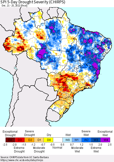 Brazil SPI 5-Day Drought Severity (CHIRPS) Thematic Map For 12/21/2022 - 12/25/2022