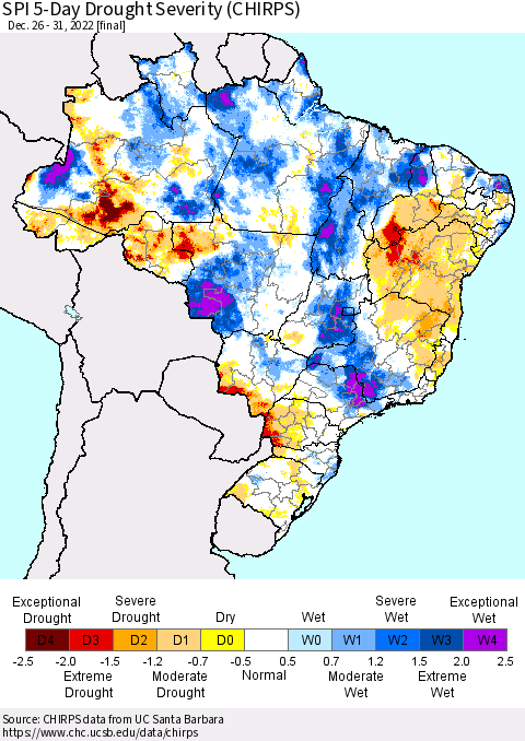 Brazil SPI 5-Day Drought Severity (CHIRPS) Thematic Map For 12/26/2022 - 12/31/2022