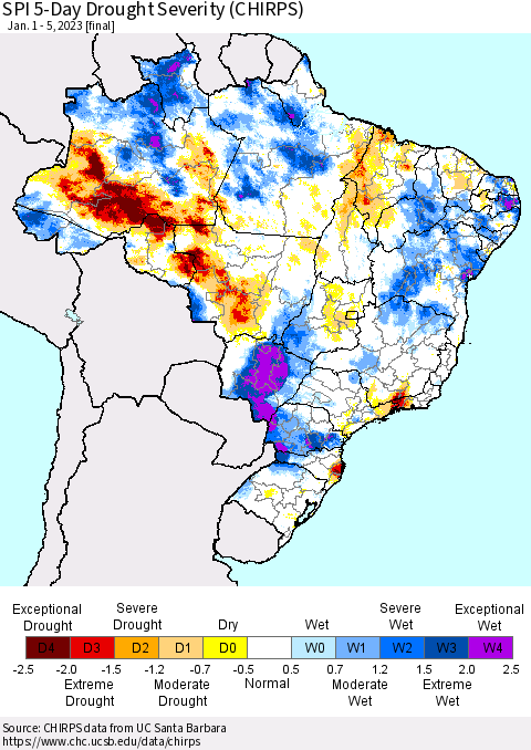 Brazil SPI 5-Day Drought Severity (CHIRPS) Thematic Map For 1/1/2023 - 1/5/2023