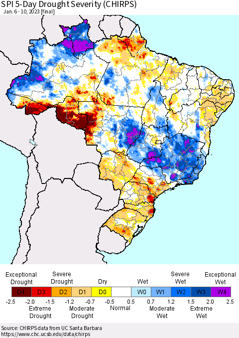 Brazil SPI 5-Day Drought Severity (CHIRPS) Thematic Map For 1/6/2023 - 1/10/2023
