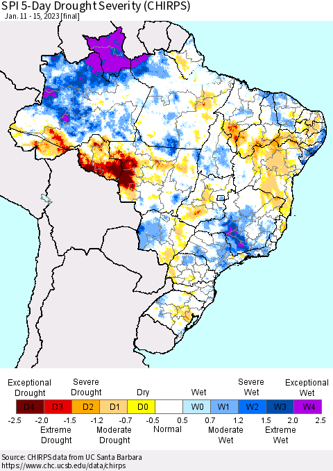Brazil SPI 5-Day Drought Severity (CHIRPS) Thematic Map For 1/11/2023 - 1/15/2023