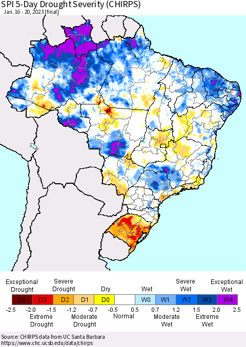 Brazil SPI 5-Day Drought Severity (CHIRPS) Thematic Map For 1/16/2023 - 1/20/2023