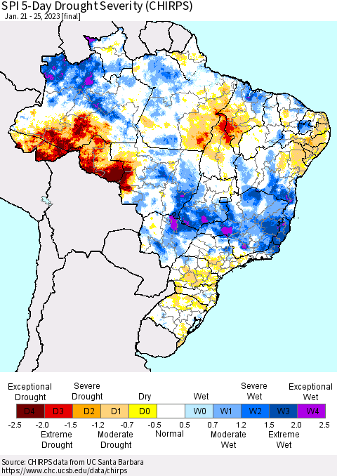 Brazil SPI 5-Day Drought Severity (CHIRPS) Thematic Map For 1/21/2023 - 1/25/2023