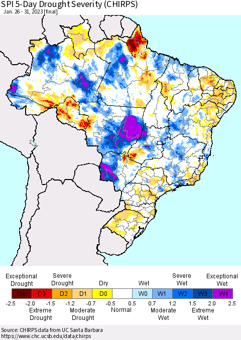 Brazil SPI 5-Day Drought Severity (CHIRPS) Thematic Map For 1/26/2023 - 1/31/2023