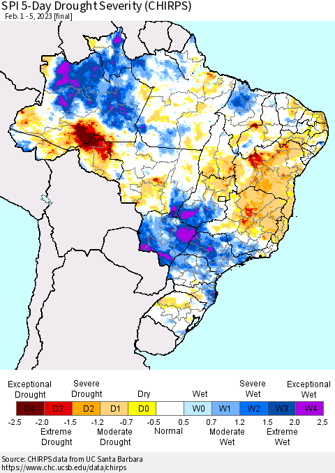 Brazil SPI 5-Day Drought Severity (CHIRPS) Thematic Map For 2/1/2023 - 2/5/2023