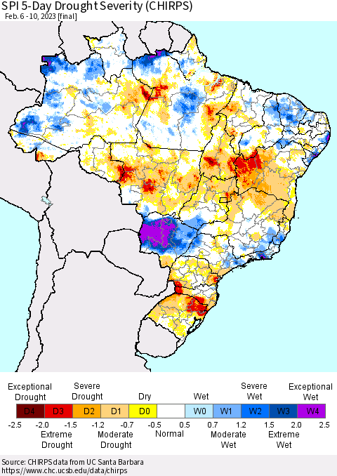 Brazil SPI 5-Day Drought Severity (CHIRPS) Thematic Map For 2/6/2023 - 2/10/2023