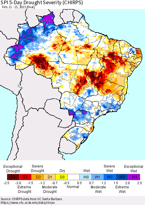 Brazil SPI 5-Day Drought Severity (CHIRPS) Thematic Map For 2/11/2023 - 2/15/2023