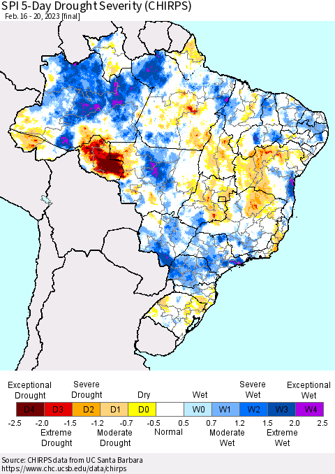 Brazil SPI 5-Day Drought Severity (CHIRPS) Thematic Map For 2/16/2023 - 2/20/2023