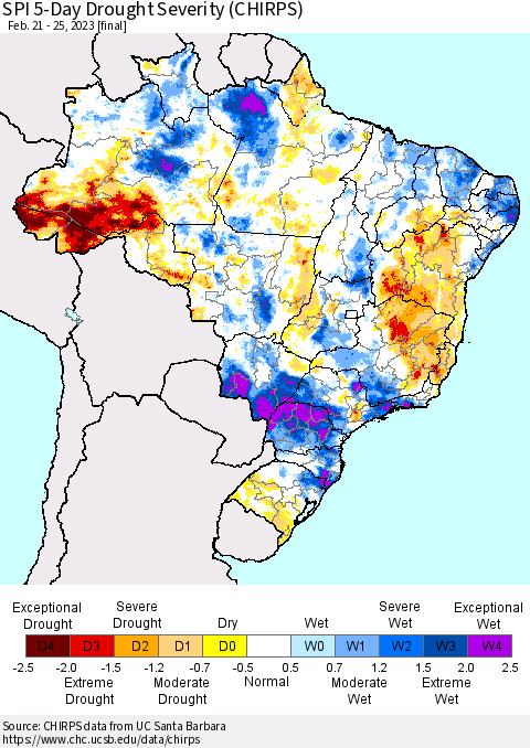 Brazil SPI 5-Day Drought Severity (CHIRPS) Thematic Map For 2/21/2023 - 2/25/2023