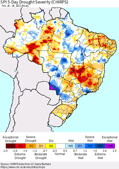 Brazil SPI 5-Day Drought Severity (CHIRPS) Thematic Map For 2/26/2023 - 2/28/2023