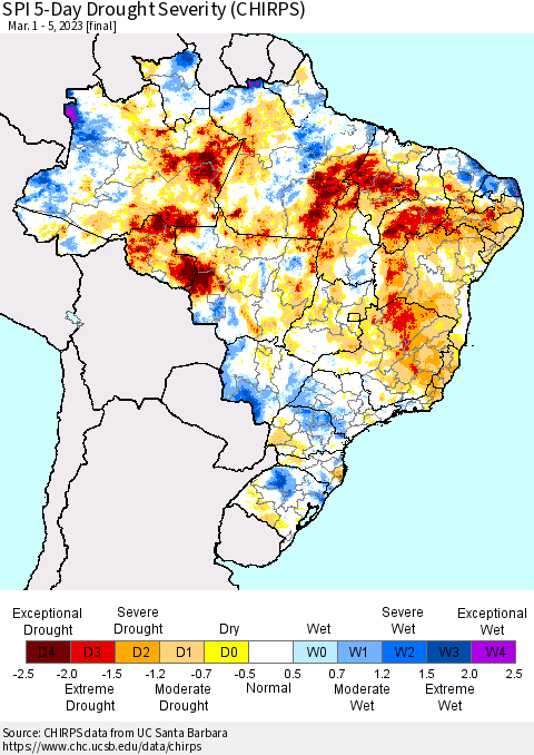 Brazil SPI 5-Day Drought Severity (CHIRPS) Thematic Map For 3/1/2023 - 3/5/2023