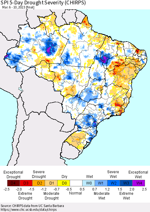 Brazil SPI 5-Day Drought Severity (CHIRPS) Thematic Map For 3/6/2023 - 3/10/2023