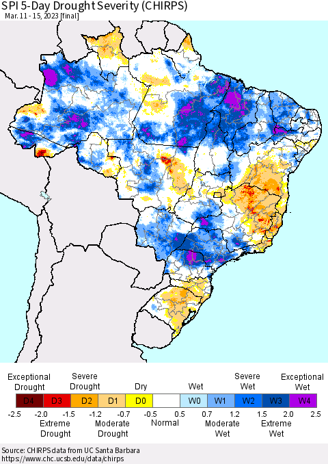 Brazil SPI 5-Day Drought Severity (CHIRPS) Thematic Map For 3/11/2023 - 3/15/2023