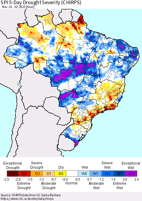 Brazil SPI 5-Day Drought Severity (CHIRPS) Thematic Map For 3/16/2023 - 3/20/2023