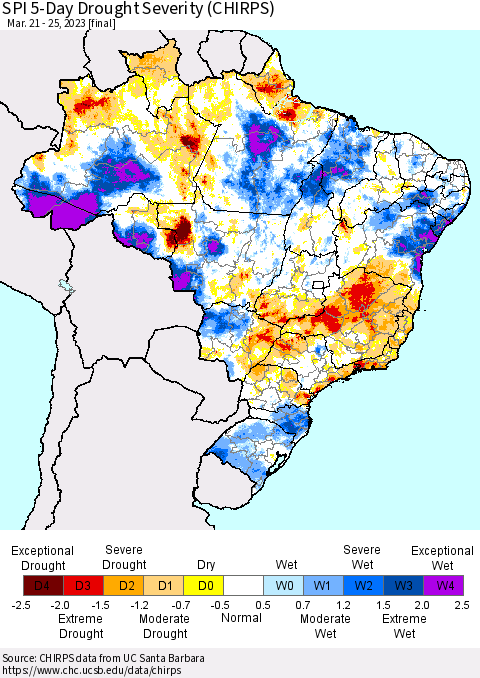 Brazil SPI 5-Day Drought Severity (CHIRPS) Thematic Map For 3/21/2023 - 3/25/2023