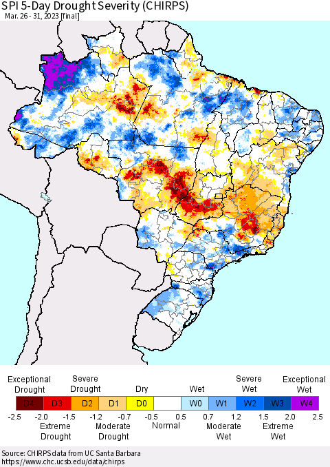 Brazil SPI 5-Day Drought Severity (CHIRPS) Thematic Map For 3/26/2023 - 3/31/2023