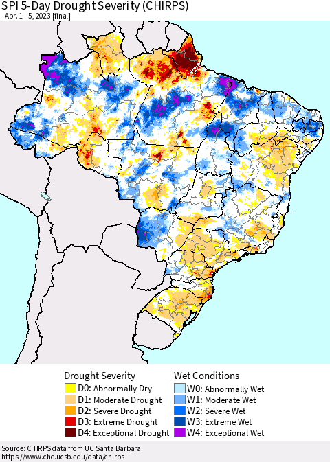Brazil SPI 5-Day Drought Severity (CHIRPS) Thematic Map For 4/1/2023 - 4/5/2023