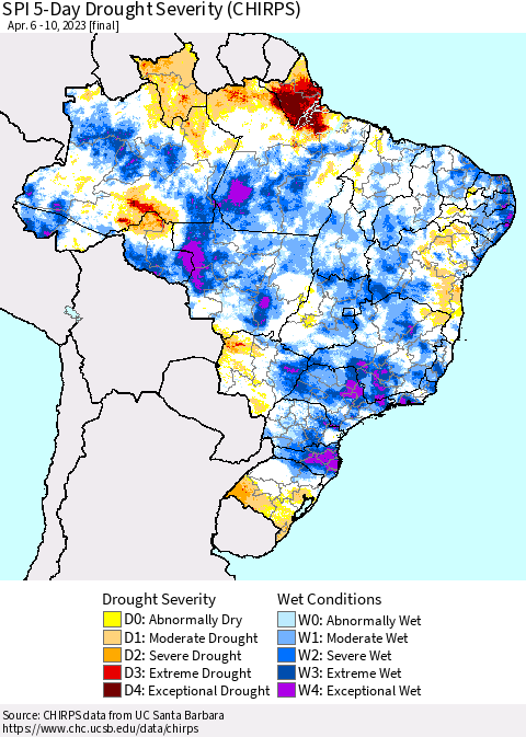 Brazil SPI 5-Day Drought Severity (CHIRPS) Thematic Map For 4/6/2023 - 4/10/2023